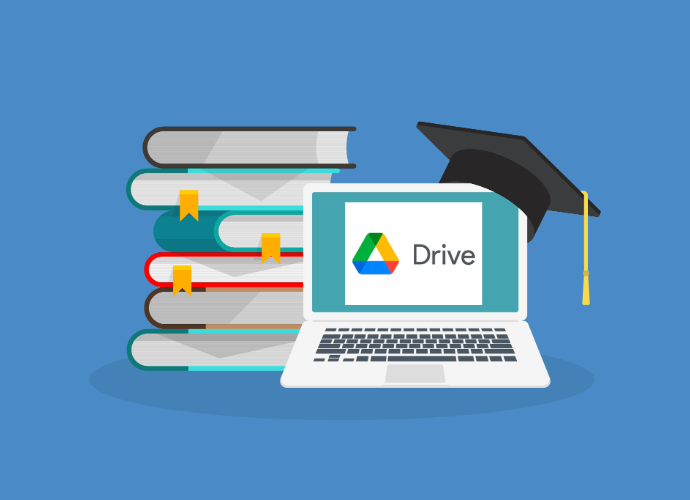 Graphic of books piled beside a laptop with the Google Drive image on screen and a mortarboard on the top right corner